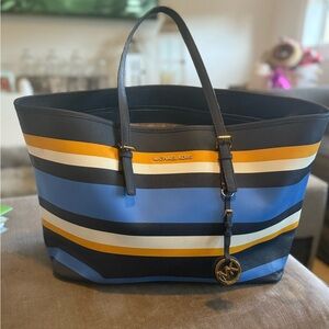 Michael Kors blue and yellow Jet Set tote